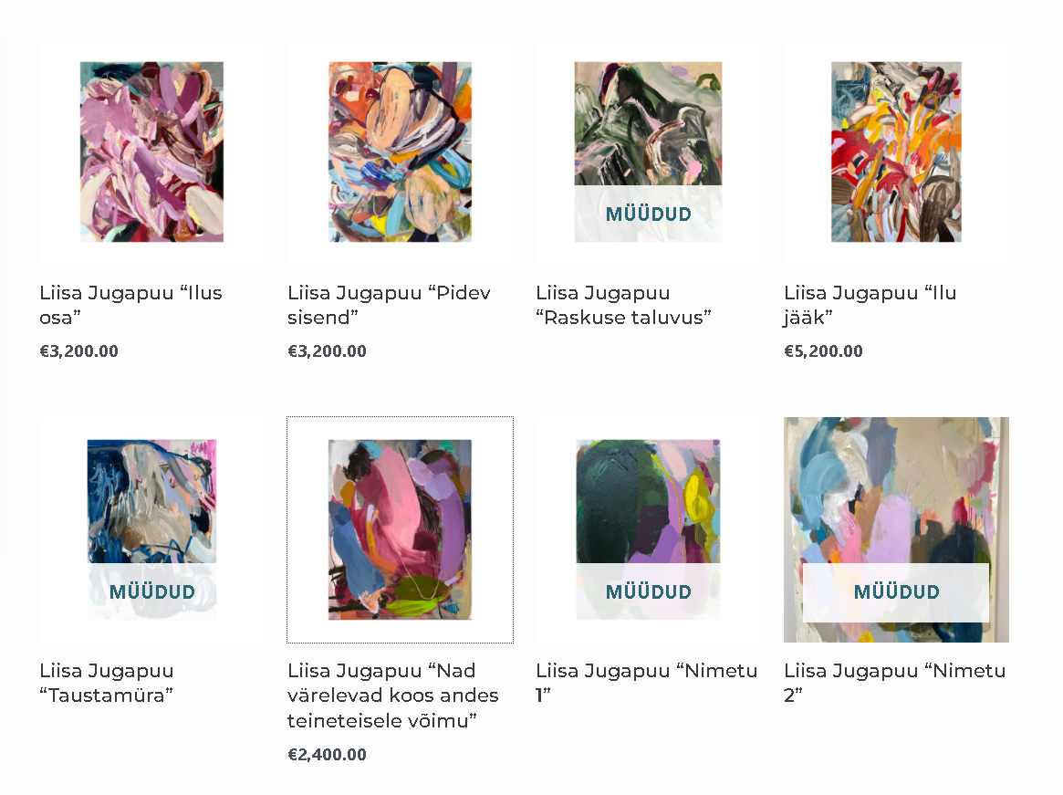 Valikoima Liisa Jugapuun maalauksia Artrovert-gallerian verkkokaupassa